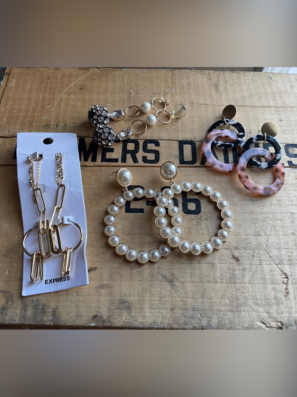 Express Gold-Tone Paperclip and Hoop Pearl Statement Earrings